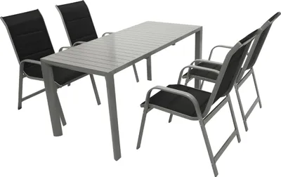 Produktbild von TPFGarden GARTEN-GARNITUR Ashford - 5-teilige Garten-Essgruppe (4x Stapelsessel Hochlehner Aluminium silbergrau + Textilgewebe gepolstert schwarz, 1x Ausziehtisch 117/162x70cm, Aluminium silbergrau)
