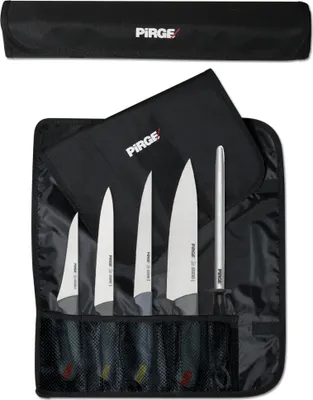 Produktbild von PİRGE Gastro Profi Messerset mit Tasche 6 Stück - Griff mit Farbeinsatz - Profi Kochmesser Set - Edelstahl Profi Küchenmesser Set - Messer Set Scharf