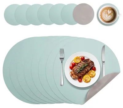 Runde Placemats & Untersetzer, 8er Set, Lederlook, Blau/Grau