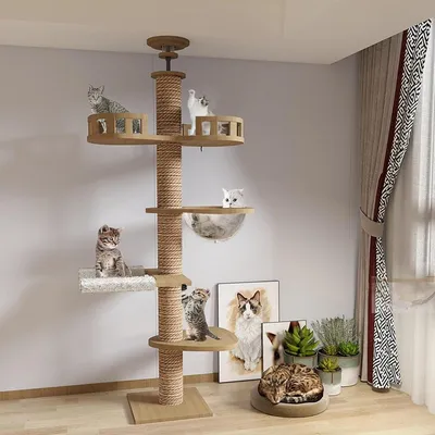 Produktbild von Kratzbaum Kletterbaum Katzenbaum mit Deckenspanner - Höhe 240-275 cm - Sisal - Mit Hängematte und Katzenbett