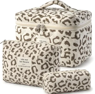 Produktbild von Kosmetiktasche, 3-teiliges Set – Make-up-Tasche mit Blumenmuster – Reise-Kosmetiktasche für Damen – Tragbare Make-up-Tasche – Reise-Organizer – Größe: 25 x 16 x 16 cm