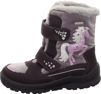 A single purple and brown child's winter boot with a horse design.