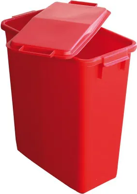 A red plastic trash can with a lid.