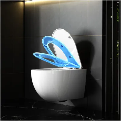 A modern, wall-hung toilet with a blue toilet seat lid open, set against a dark tiled wall and a dark marble floor.