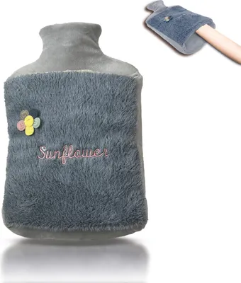 Produktbild von Wärmflasche 2.0L mit Deckel und Kuschelweichem Fellbezug, Kängurutasche - Auslaufsicher, Bettflasche mit weichem Abnehmbarem Bezug, ideal zur Schmerzlinderung(Sunflawer grau)