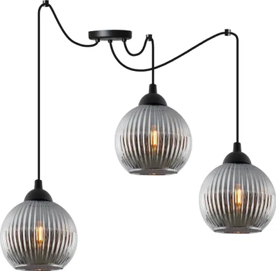 Image de Suspension RIFFLE « Araignée » noire, 3 ampoules, boule en verre grise, E27