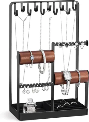 Produktbild von Schmuckorganizer aus Holz und Metall, für Ketten, Armbänder und Ohrringe, handgefertigt, Schmuckaufbewahrung