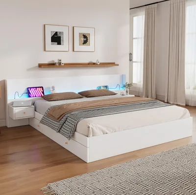 Produktbild von Sweiko Doppelbett 180x200cm, Doppelbett,holzbett,Jugendbett,mit USB-Schnittstelle,mit LED-Beleuchtung und Steckdose,steuerbar per Mobile APP,2 Nachttische,mit Schubladenablage,ohne Matratze,weiß