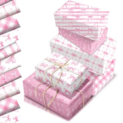 Imagen del producto de Papel de regalo - Papel de envolver - 68 x 50 cm - 12 hojas - Rosa con lazo y corazones