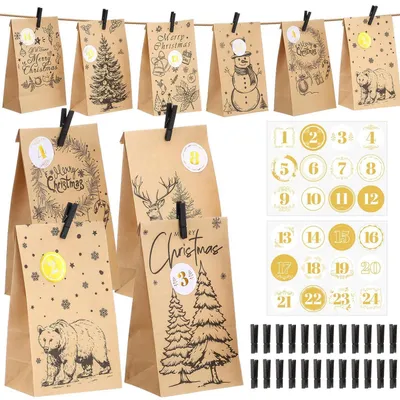 Image de Calendrier de l'Avent à remplir pour 2026 : 24 sachets en papier marron, 24 attaches en bois, 24 autocollants numérotés, dimensions : 24 x 13 x 8 cm