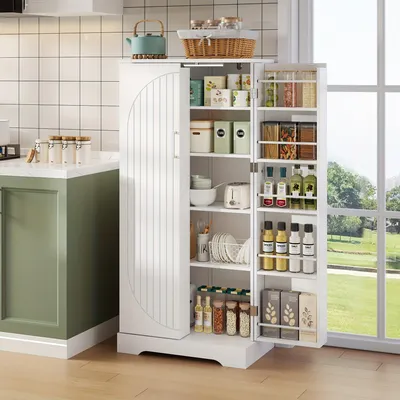 Image de Armoire de cuisine blanche - Armoire de rangement - Meuble de cuisine - Étagère - Meuble à étagères - Étagères réglables