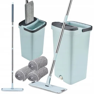 A cleaning mop and bucket set with extra mop pads.