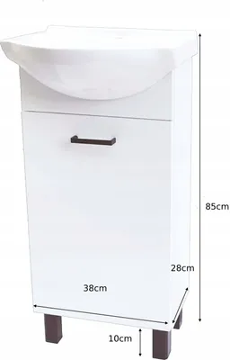 A white bathroom cabinet with a sink on top, shown with dimensions.