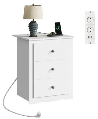 Obrázok produktu pre Nočný stolík s 3 zásuvkami, nabíjacou stanicou, USB portmi a zásuvkami, odkladací stolík do spálne, obývačky alebo kancelárie (1, biely)