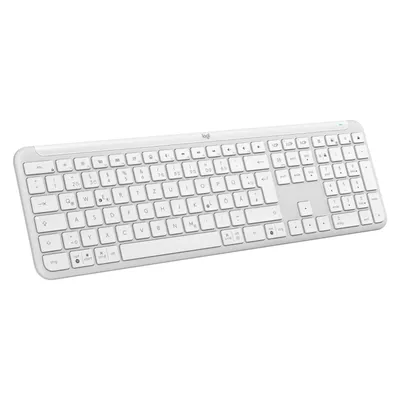 A white wireless keyboard is shown from a slightly elevated angle against a white background.