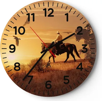 Produktbild von Wanduhr - Rund - Glasuhr - Pferd Cowboy Bauernhof Reiten - 30x30cm - Schleichendes Uhrwerk - Lautlos - zum Aufhängen bereit - Dekoration Modern - Wanddekoration aus Glas - C4AR30x30-2955