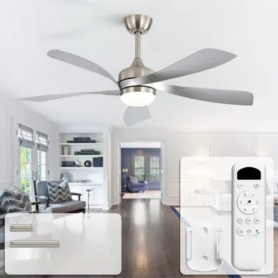 Produktbild von Sofucor 132 cm moderner Deckenventilator, DC-Motor, mit Beleuchtung und Fernbedienung, silberfarben, Nickel-Silber