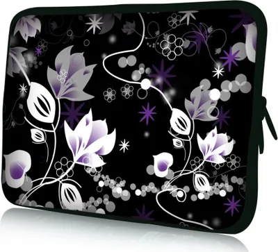 Produktbild von wortek Universal Notebooktasche Sleeve aus Neopren für Laptop bis ca. 10,2 Zoll - Schwarz Weiß Lila Blumen Ranke