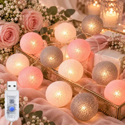 Lichterkette mit 20 Baumwollbällen, 3 m, USB, Timer, rosa-grau-weiß