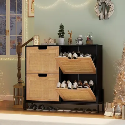 Immagine prodotto di Armadio per scarpe con ante a battente - mobile contenitore in rattan per ingresso e soggiorno - 3 ripiani