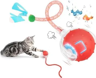Produktbild von Katzenball Elektrisch mit 2 Schwanzseilen - Elektrischer Katzenspielzeug Ball, Interaktives Katzenspielzeug mit 4 Modi & Vogelstimmen, 360? Powerball & USB-Ladung, mit LED-Leuchten (Rot)