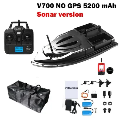 Zdjęcie produktu dla Łódź do karmienia RC – model V700 z echosondą – akumulator 5200 mAh – 2 komory na pokarm – zasięg 500 m – prędkość 5,4 km/h – czas pracy ok. 2 godz.