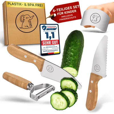 Produktbild von Eli® Kindermesser - kindersicheres hochwertiges 4 teiliges Kinder Küchenmesser Set inkl. Fingerschutz und Sparschäler - rostfreier Edelstahl - Messer