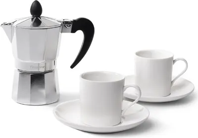 Zdjęcie produktu dla Zestaw do espresso Fissman i dwie filiżanki do serwowania, aluminium/porcelana, srebrno-biały