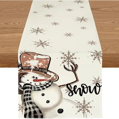 Productafbeelding van Tafelkleed, sneeuwpop, winter, waterafstotend, 40x240 cm, linnenmix