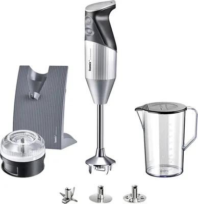 Immagine prodotto di Frullatore a immersione Bamix M 200 Swissline, corpo in acciaio inossidabile, 200 Watt, recipiente da 0,9 l, 2 velocità, accessorio tritatutto universale