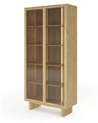 Produktbild von Vitrine BUNA Eiche geölt mit LED-Beleuchtung - moderner Glasschrank im Japandi-Stil für das Wohnzimmer 94x195cm