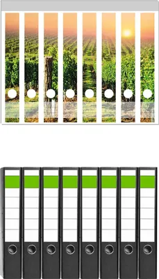 Produktbild von Wallario 8 Stück schmale Ordner inkl. Klebeetiketten mit Motive Weinberg mit untergehender Sonne -  Set mit Rückenschildern / Ordnerrücken Stickern