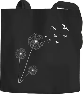 Produktbild von Einkaufstasche Pusteblume Vögel Dandelion Birds Shoppingtasche Tragetasche Jutebeutel Autiga® schwarz 2 lange Henkel