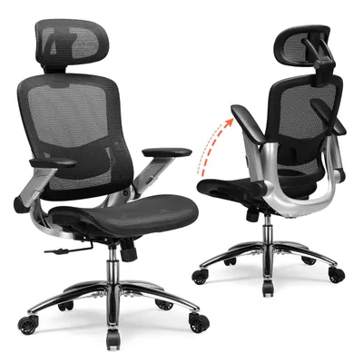 Image de Chaise de bureau COMHOMA, chaise de bureau ergonomique avec dossier en maille, appui-tête 2D, accoudoirs 4D, dossier haut avec bascule et blocage 90-125°, 180 kg Noir