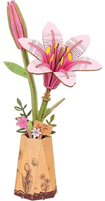 Productafbeelding van 3D Puzzel, houten bloemenboeket, modelbouwpakket, cadeau voor volwassenen, roze lelie