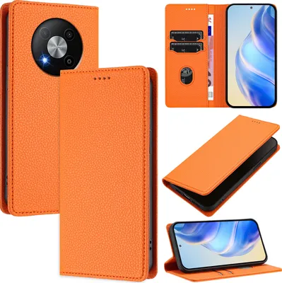 Immagine prodotto di Custodia in pelle per ZTE Blade A73 5G, pelle Litschi, custodia a portafoglio con slot per carte e supporto Arancione