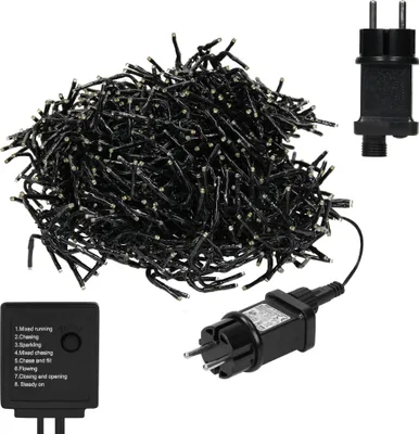 A pile of black LED string lights with a power adapter and a control box.