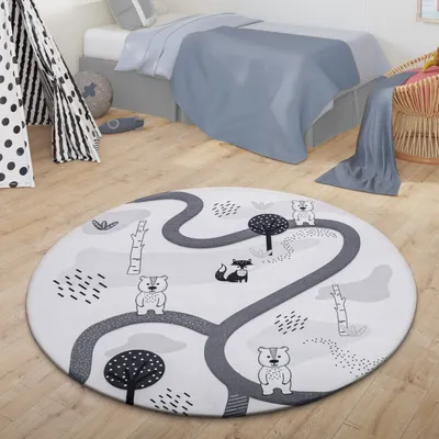 Produktbild von TT Home Teppich Kinder Kinderzimmerteppich Kinderteppich Babymatte Straße Bär Fuchs Baum Größe 150 cm Rund