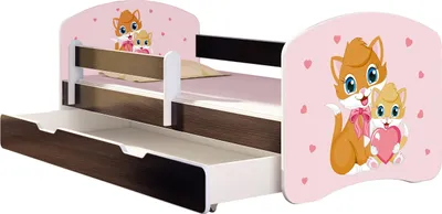 Image de ACMA lit d'adolescent lit d'enfant lit junior set complet avec matelas sommier à lattes et protection contre les chutes wengé 33 chatons 160x80 + coffre de lit