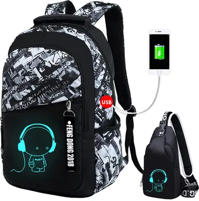 Produktbild von Schulrucksäcke Rucksack-Set Anime Leuchtender USB Jungen Rucksack mit Umhängetasche, Mädchen Teenager Schultasche Laptopfach