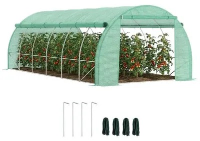 Obrázok produktu pre Záhradná skleník – tunelový skleník – plocha 18 m² – rozmer 4 x 3 x 2 m – oceľová konštrukcia s PE fóliou – 12 okien – výsuvné bočné steny – armádna zelená farba