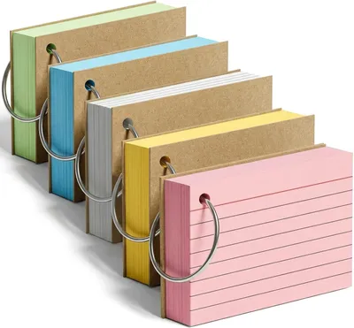 Produktbild von Koogel Karteikarten A8 mit Metallringen, 500er Set in 5 Farben, Lernkarten | Für Vokabeln, Formeln, Notizen, 7.4x5.2 cm