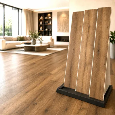 Zdjęcie produktu dla Panele winylowe NoblesBox SPC, grubość 5 mm, wodoodporne, z podkładką IXPE, imitujące drewno, klasa ścieralności AC5, przeznaczone do ogrzewania podłogowego, wymiary 122 x 18,4 cm, Obraz wygenerowany przez AI