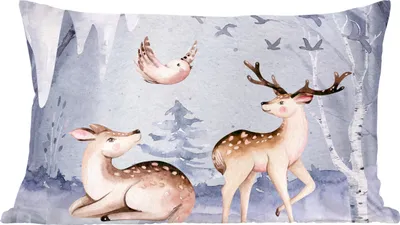 Produktbild von MuchoWow® Zierkissen Sofakissen Wohnzimmer Dekokissen 50x30 cm Winter - Hirsche - Vögel - Schnee - Wohnzimmerdekoration - Polster mit Photo