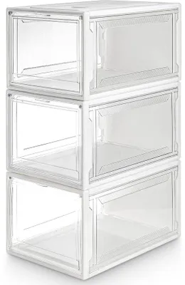 Image de Unyqoos® : Lot de 3 boîtes à chaussures transparentes et élégantes – Boîtes de rangement en PP empilables, dimensions 37 x 25,5 x 20 cm, pour chaussures jusqu'à la taille 48