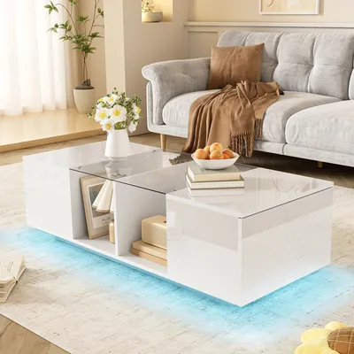 Produktbild von okwish Couchtisch Rechteckig, LED-Hochglanz Beistelltisch für Schlafzimmer, Wohnzimmertische mit Stauraum fürs Wohnzimmer, Beistelltisch mit 2 Tür und Glasablage,Weiß