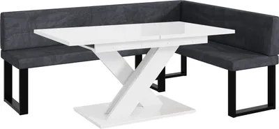 Produktbild von MEBLINI Eckbank für Esszimmer mit ausziehbarem Tisch  - Küchenbank - Essecke - Sitzecke Küche - TONI - U-Beine 142x196x87cm Rechts - Dunkelgrau Samt/B Weiß Hochgl.