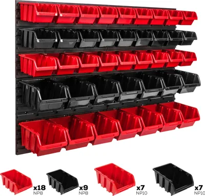 Produktbild von Lagersystem Wandregal 1152 x 780 mm | 41 stck. Box | Stapelboxen Schüttenregal Sichtlagerkästen | Extra Starke Wandplatten | Regal Erweiterbar | Werkstattregal Lagerregal Werkstattwandregal Steckregal
