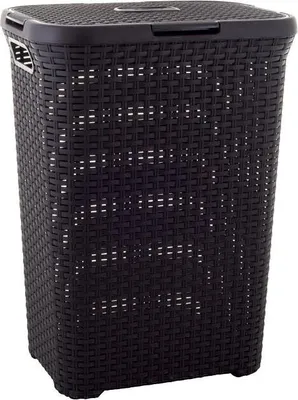 A brown laundry basket with a lid.