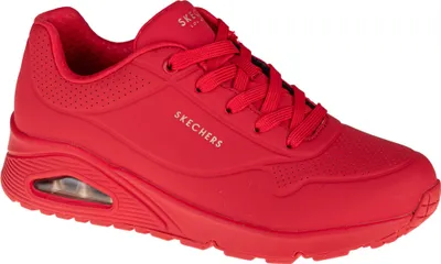 A red Skechers sneaker is shown from the side against a white background.